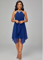 Blue Chiffon Overlay Embellished Neck Dress