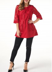 Button Detail Lace Panel Layered Hem T Shirt