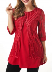 Button Detail Lace Panel Layered Hem T Shirt