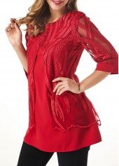 Button Detail Lace Panel Layered Hem T Shirt