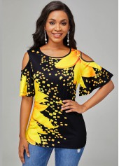 Cold Shoulder Round Neck Sunflower Print T Shirt