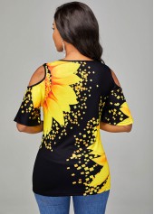 Cold Shoulder Round Neck Sunflower Print T Shirt