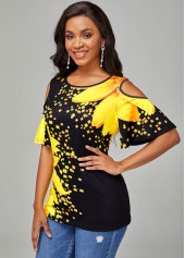 Cold Shoulder Round Neck Sunflower Print T Shirt