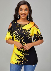 Cold Shoulder Round Neck Sunflower Print T Shirt