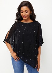 Slit Sleeve Polka Dot Mesh Stitching T Shirt