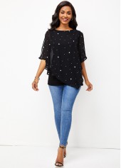 Slit Sleeve Polka Dot Mesh Stitching T Shirt