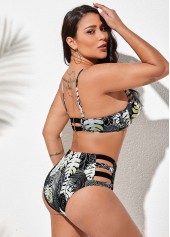 Ladder Cutout Leaf Print High Waist Bikini Set 