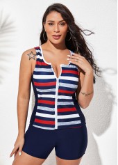 Wide Strap Striped Zipper Closure Tankini Set 