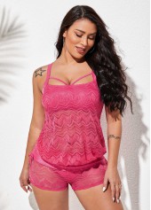 Drawstring Side Lace Stitching Cage Back Tankini Set 