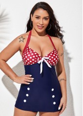 Polka Dot Decorative Button Halter Swimdress and Shorts