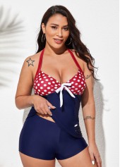 Polka Dot Decorative Button Halter Swimdress and Shorts