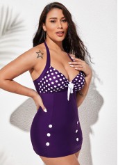 Bowknot Polka Dot Decorative Button Swimdress and Shorts