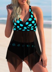 Polka Dot Mesh Stitching Cross Strap Swimdress and Panty