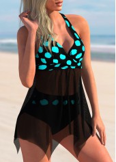 Polka Dot Mesh Stitching Cross Strap Swimdress and Panty