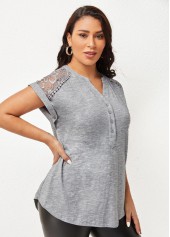 Button Detail Split Neck Lace Stitching Blouse