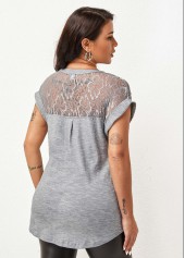 Button Detail Split Neck Lace Stitching Blouse