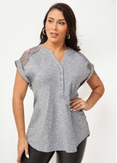 Button Detail Split Neck Lace Stitching Blouse