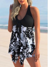 Halter Printed Asymmetric Hem Swimdress and Panty