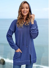 Long Sleeve Pocket Drawstring Detail Solid Hoodie