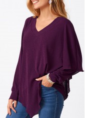 Long Sleeve Asymmetric Hem V Neck T Shirt