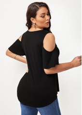 Embellished Neck Cold Shoulder Half Sleeve T Shirt