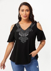 Embellished Neck Cold Shoulder Half Sleeve T Shirt