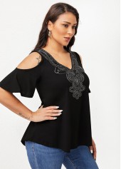 Embellished Neck Cold Shoulder Half Sleeve T Shirt