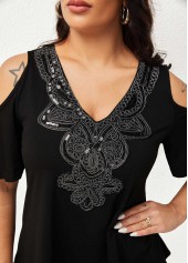Embellished Neck Cold Shoulder Half Sleeve T Shirt