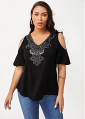 Embellished Neck Cold Shoulder Half Sleeve T Shirt