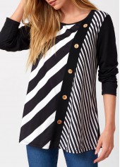 Decorative Button Long Sleeve Stripe Print T Shirt