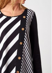 Decorative Button Long Sleeve Stripe Print T Shirt