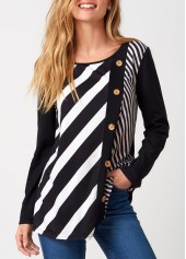 Decorative Button Long Sleeve Stripe Print T Shirt