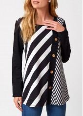 Decorative Button Long Sleeve Stripe Print T Shirt