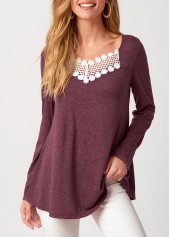 Dark Reddish Purple Lace Patchwork Long Sleeve T Shirt