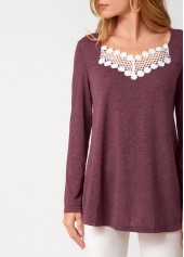 Dark Reddish Purple Lace Patchwork Long Sleeve T Shirt