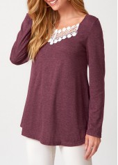 Dark Reddish Purple Lace Patchwork Long Sleeve T Shirt