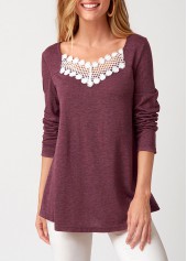 Dark Reddish Purple Lace Patchwork Long Sleeve T Shirt