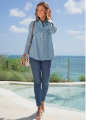 Lace Stitching Plus Size Faux Denim Blouse