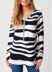 Tassel V Neck Striped Long Sleeve Blouse