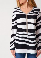 Tassel V Neck Striped Long Sleeve Blouse