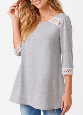 Three Quarters Sleeve Lace Patchwork Round Neck T Shirt
