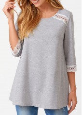 Three Quarters Sleeve Lace Patchwork Round Neck T Shirt