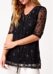 Lace Stitching Tie Front T Shirt