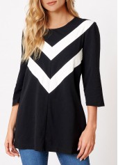 Chevron Print 3/4 Sleeve Round Neck T Shirt