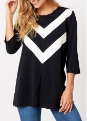 Chevron Print 3/4 Sleeve Round Neck T Shirt