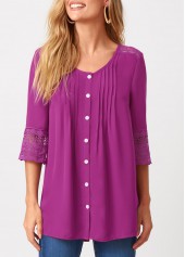 Crinkle Chest Solid Lace Patchwork Blouse