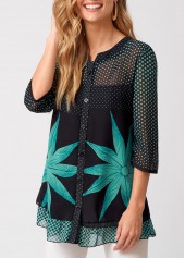 3/4 Sleeve Polka Dot Button Up Blouse