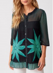 3/4 Sleeve Polka Dot Button Up Blouse