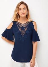 Cold Shoulder Cross Strap Lace Stitching T Shirt
