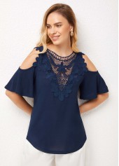 Cold Shoulder Cross Strap Lace Stitching T Shirt